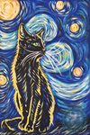 "Impressionist-style painting of a black cat with green eyes against a swirling blue and yellow nighttime sky, reminiscent of Van Gogh's Starry Night