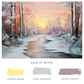 Serene winter landscape at sunset, featuring a frozen river surrounded by snow-covered trees, with vibrant orange and pink hues illuminating the sky." with coordinating color pallet